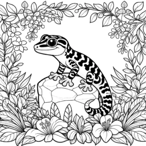 Gecko coloring page with leaves and flowers coloring page