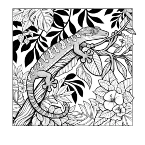 Gecko coloring page with tropical tree leaves and flowers coloring page