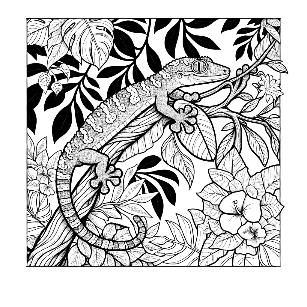 Gecko coloring page with tropical tree leaves and flowers coloring page