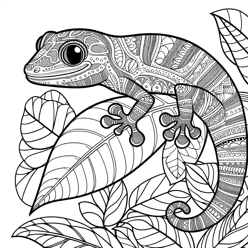 Gecko coloring page on a leaf with patterned background coloring page
