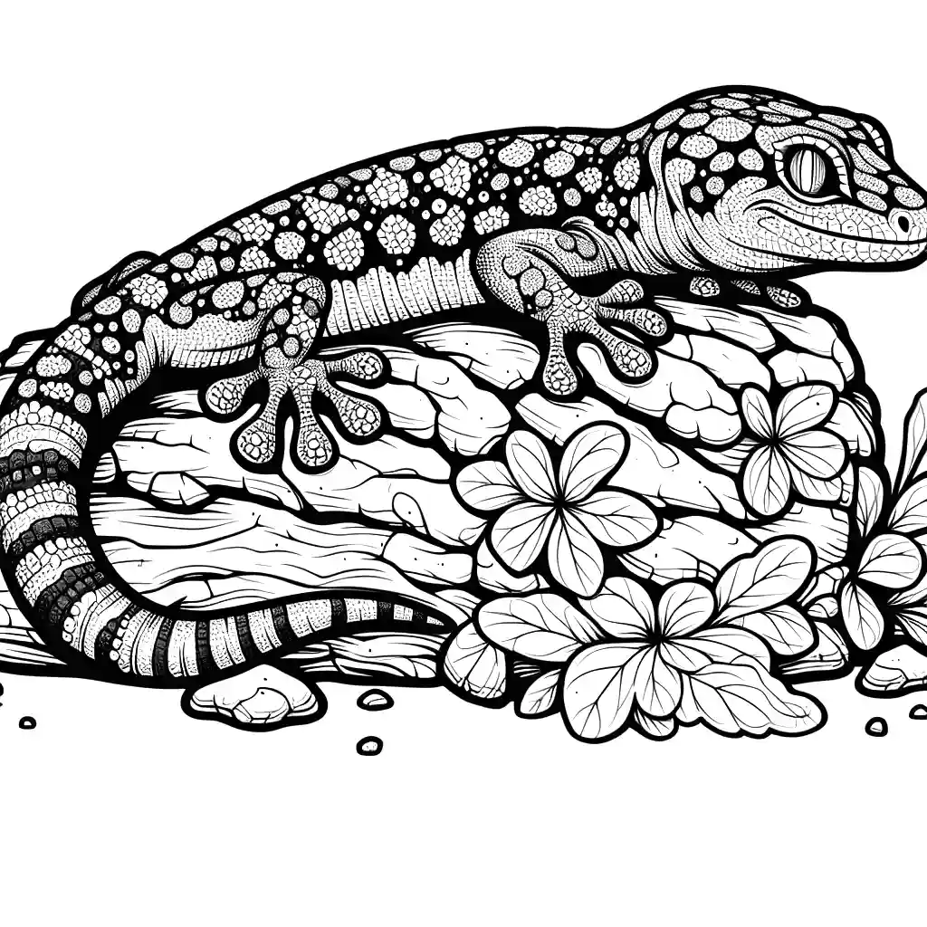 Gecko coloring page on a rock with textured ground coloring page