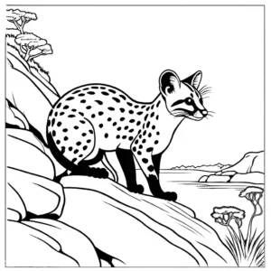 Genet coloring page with panoramic landscape view from cliff coloring page