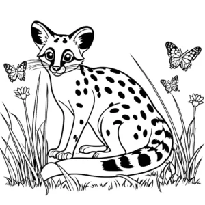 Genet coloring page in grassy field with butterflies and ladybugs coloring page