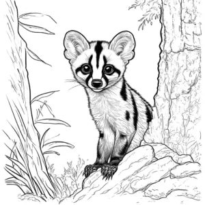 Genet coloring page with cute animal peeking out from behind a rock in the forest coloring page