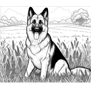 German Shepherd Dog sitting in a grassy field coloring page