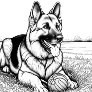 German Shepherd dog sitting in a grassy field with a ball in its mouth coloring page