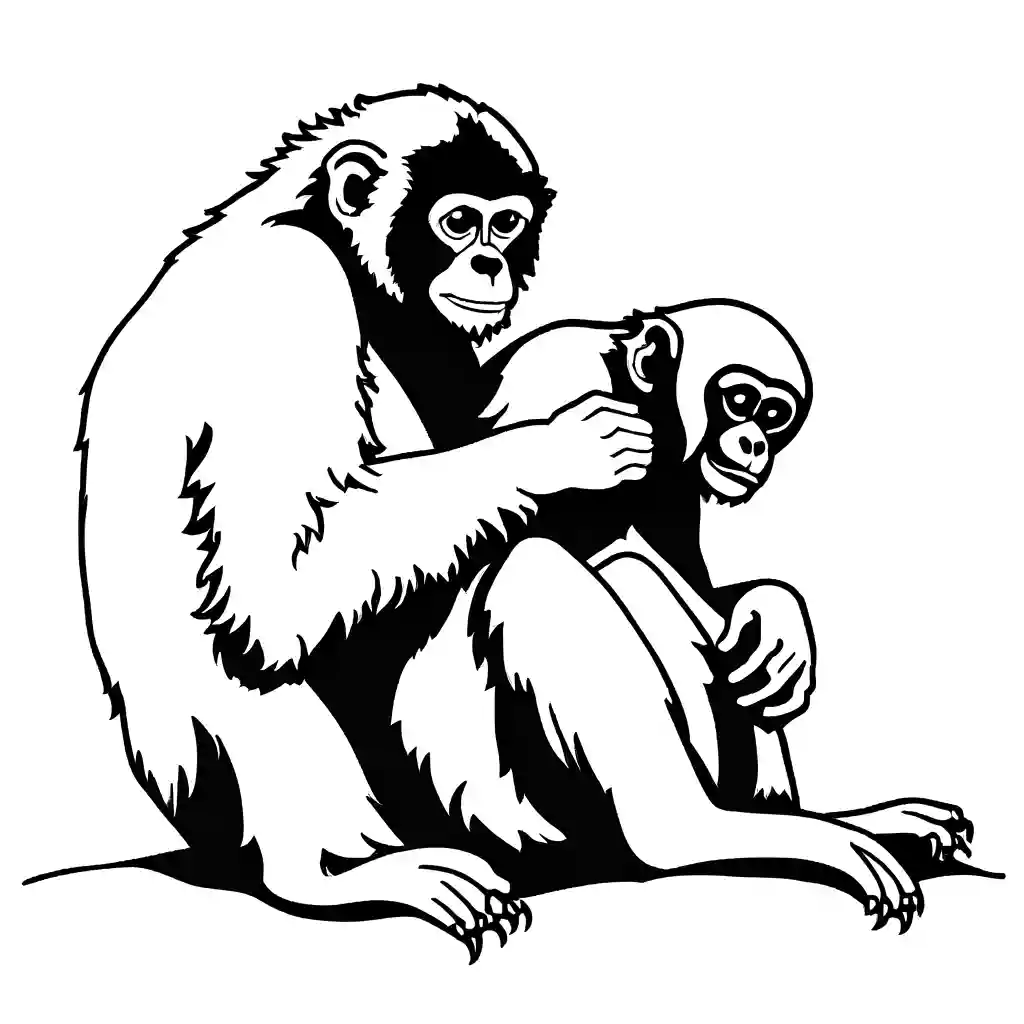 Gibbon coloring page depicting grooming session under the sun coloring page