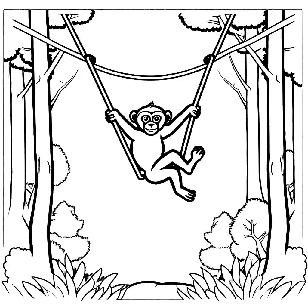 Gibbon coloring page swinging between trees in the woods coloring page