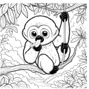 Gibbon swinging from tree branch and eating fruit in the jungle coloring page