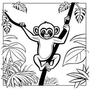 Gibbon coloring page swinging on tree branch in jungle coloring page