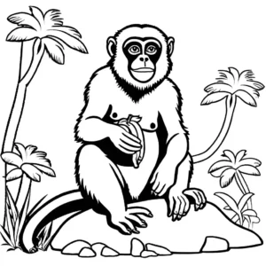 Gibbon coloring page holding banana and sitting on a rock coloring page