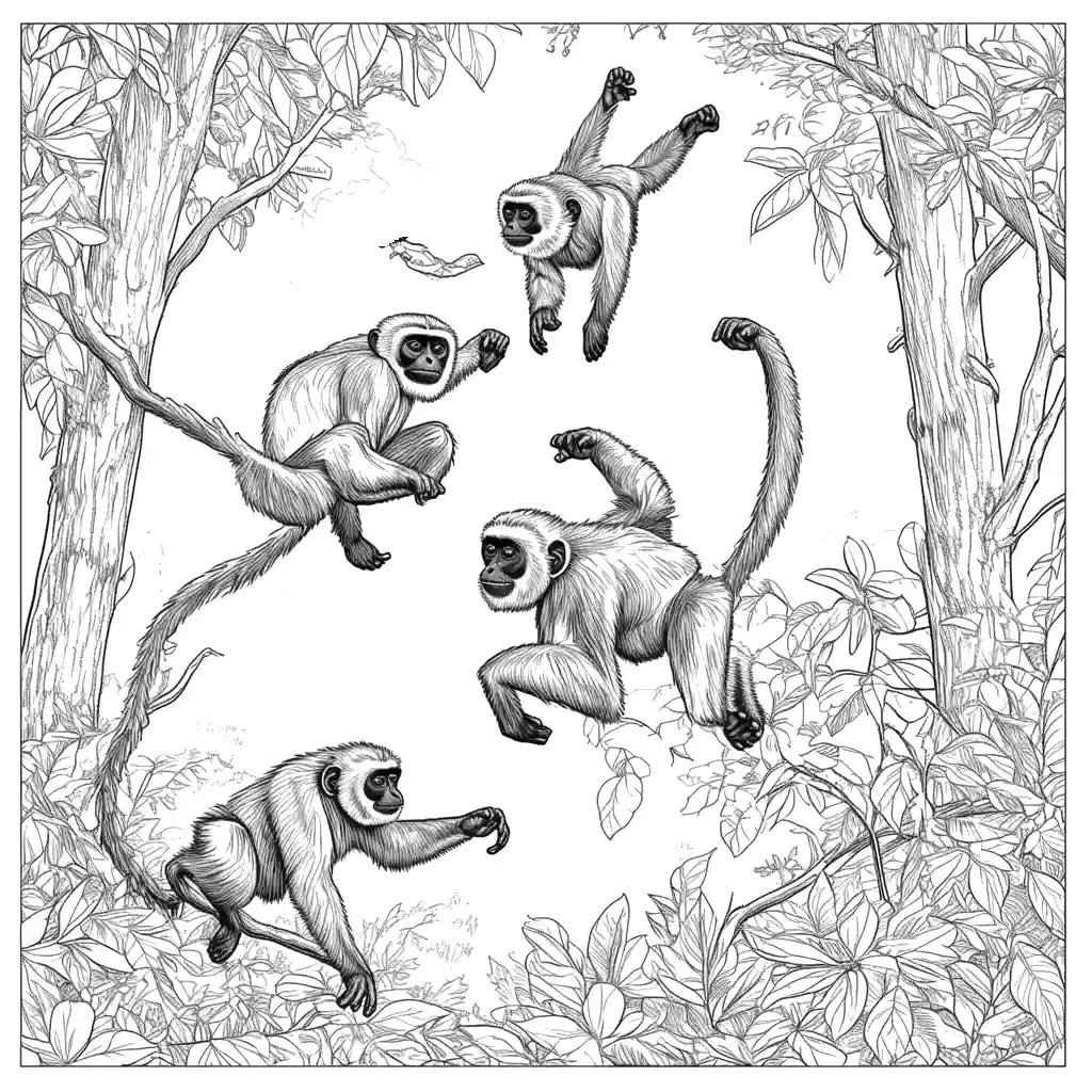 Group of Gibbons leaping through the forest canopy coloring page