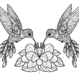 Pair of graceful hummingbirds with intricate patterns on their feathers feeding from a nectar-filled blossom coloring page