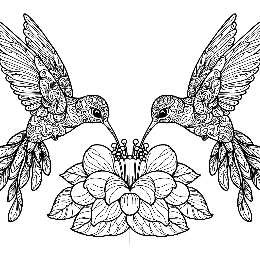 Pair of graceful hummingbirds with intricate patterns on their feathers feeding from a nectar-filled blossom coloring page