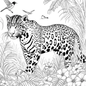 Jaguar moving gracefully in lush jungle foliage coloring page