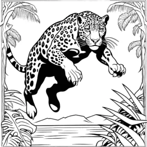 Powerful jaguar leaping through rainforest coloring page