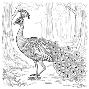 Peacock coloring page in forest coloring page