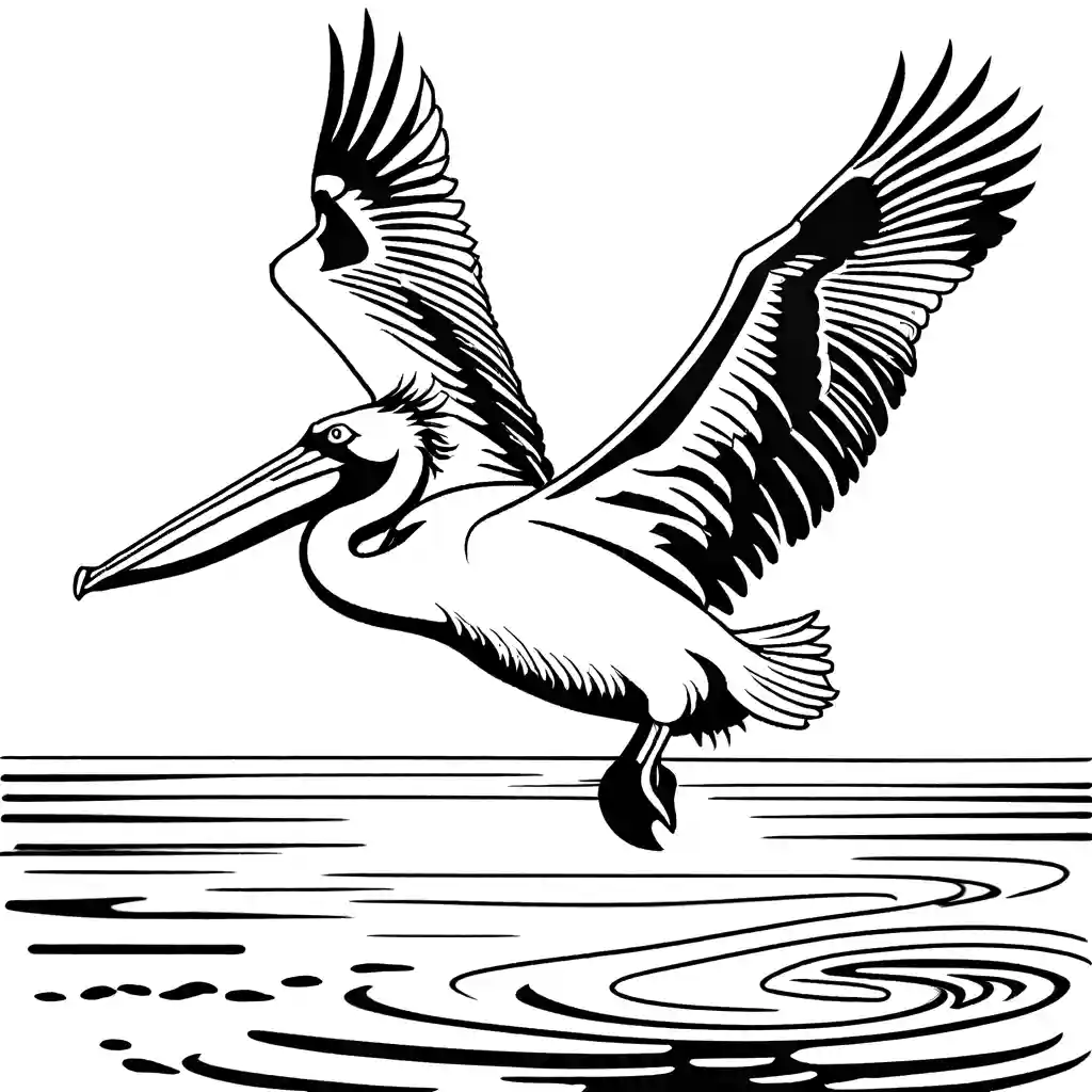 Pelican bird flying gracefully over the water with spread wings coloring page