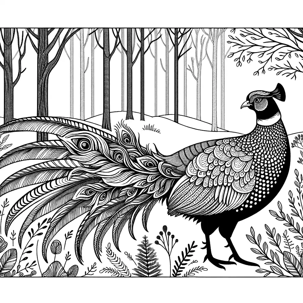 Pheasant standing with fanned out tail feathers in forest scenery coloring page