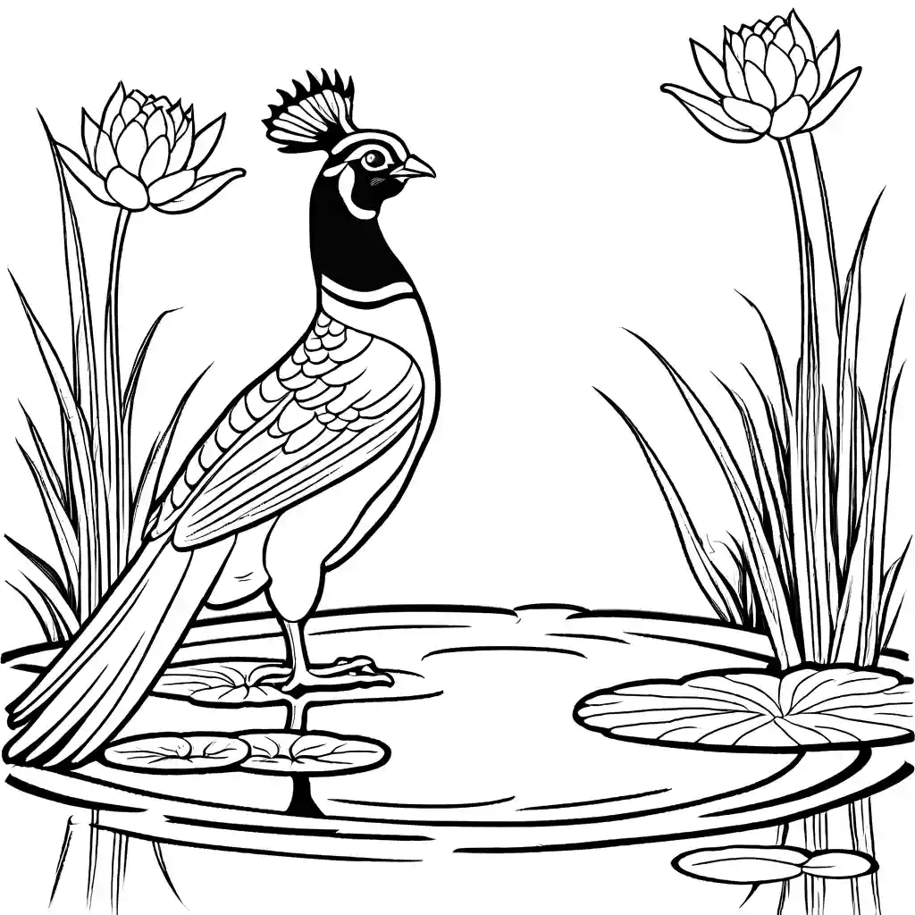 Coloring page of a graceful Pheasant standing near a tranquil pond with water lilies coloring page