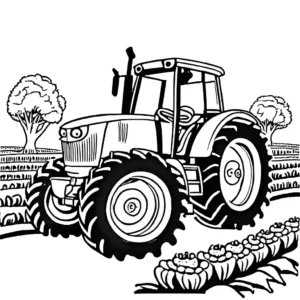 Hand-drawn image of a green tractor in a vegetable garden coloring page