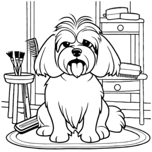 Maltese dog being brushed and combed coloring page