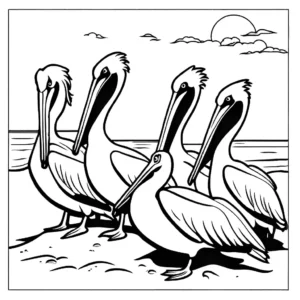 Group of Pelican birds resting on sandy beach coloring page