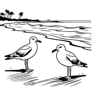 Flock of seagulls on sandy shore coloring page