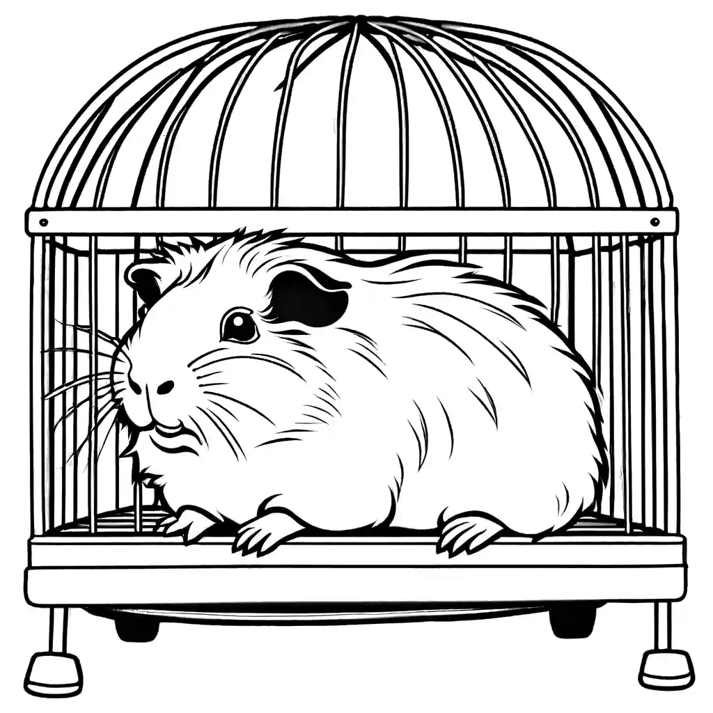 Cute guinea pig coloring page in a cozy cage coloring page
