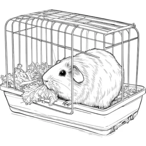 Guinea pig eating lettuce in its cage coloring page