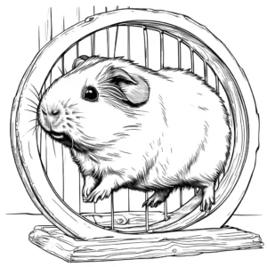 Guinea pig running on a wheel inside its cage coloring page