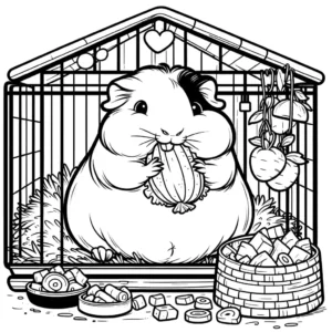 Chubby guinea pig eating veggies in a cozy cage with hay and toys, ideal coloring page for kids coloring page