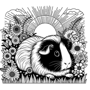 Adorable guinea pig sitting in a grassy field with flowers and the sun in the background, perfect for coloring page