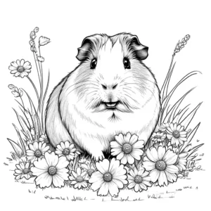 Guinea pig sitting on grass surrounded by flowers coloring page
