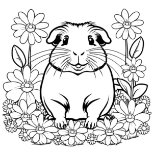 Guinea pig coloring page with flower bed coloring page