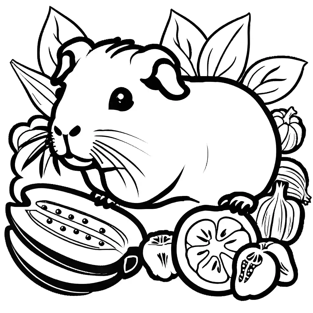 Cute guinea pig coloring page with fruits and veggies coloring page