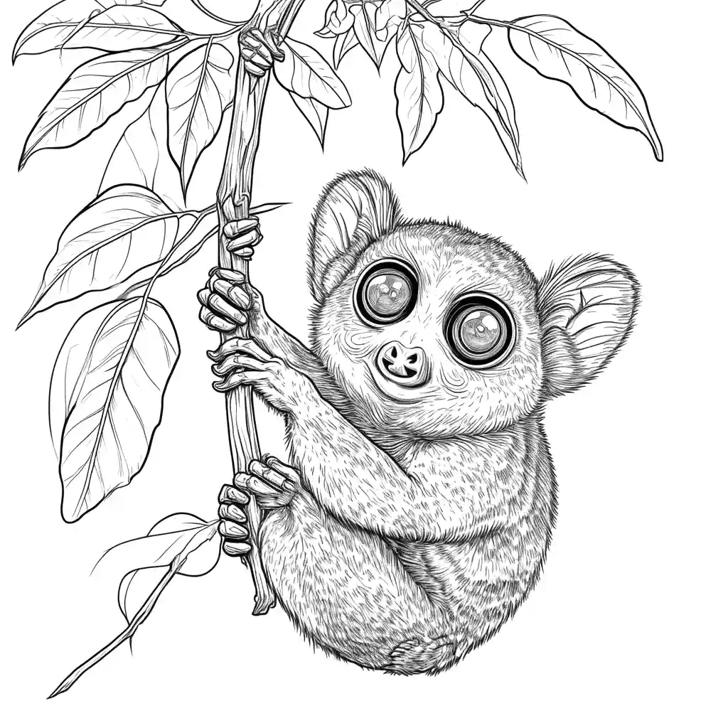Tarsier hanging from a vine in the jungle coloring page