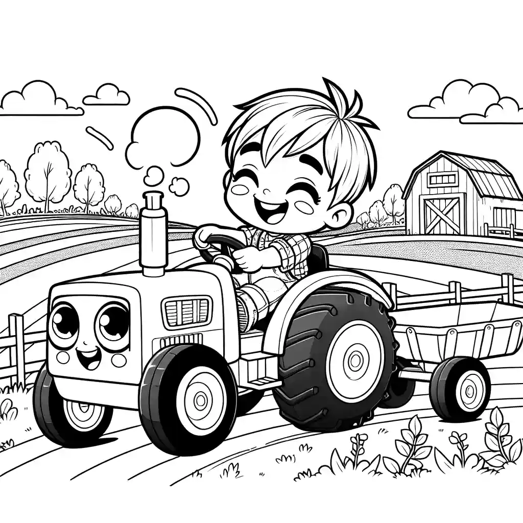 Happy child driving on a tractor in a farm field coloring page