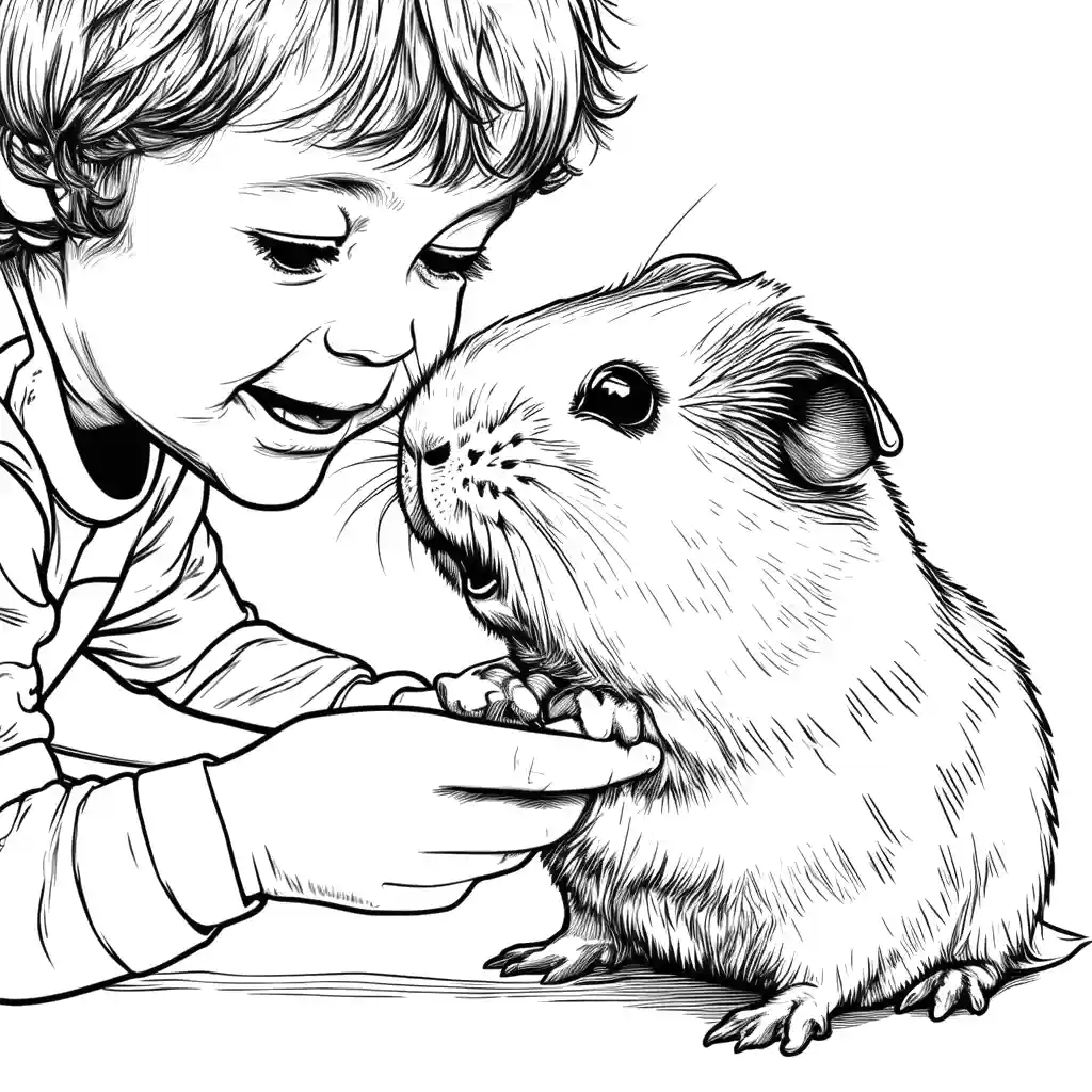 Happy guinea pig being pet by a child coloring page