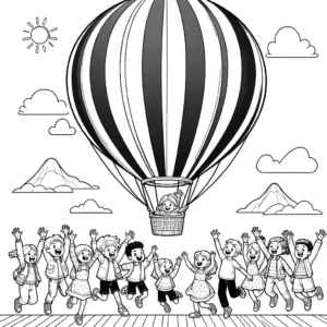 Happy kids enjoying a hot air balloon ride in the sky coloring page