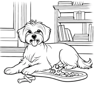 Happy Maltese dog playing with a toy bone in a cozy living room coloring page