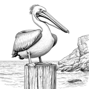 Pelican standing on a wooden post near the ocean waves and rocks, coloring page