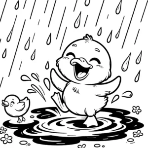 Cheerful duckling splashing in a puddle with raindrops falling around. coloring page