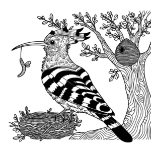Hoopoe bird coloring page with nest and worm coloring page