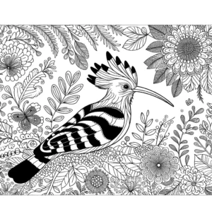 Hoopoe bird surrounded by flowers and foliage coloring page