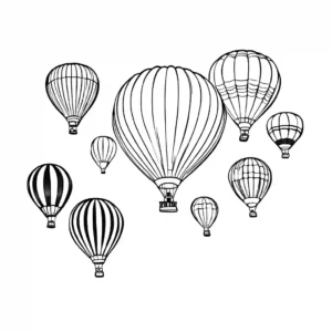 Hot air balloon festival with colorful balloons of different shapes and sizes against clear blue sky coloring page