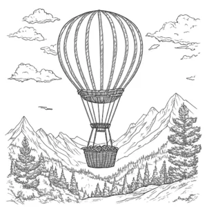 Hot air balloon coloring page flying over mountains and trees coloring page