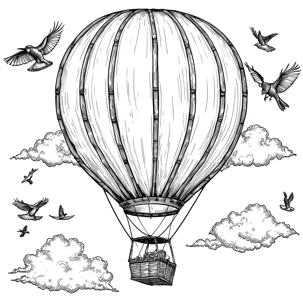 Hot air balloon coloring page with clouds and birds coloring page