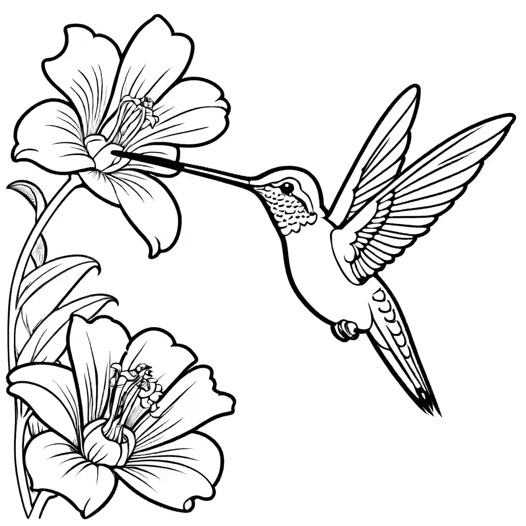 Hummingbird hovering near a blooming flower coloring page