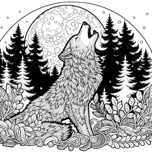 Detailed outline of a wolf howling at the moon in a forest setting - coloring page